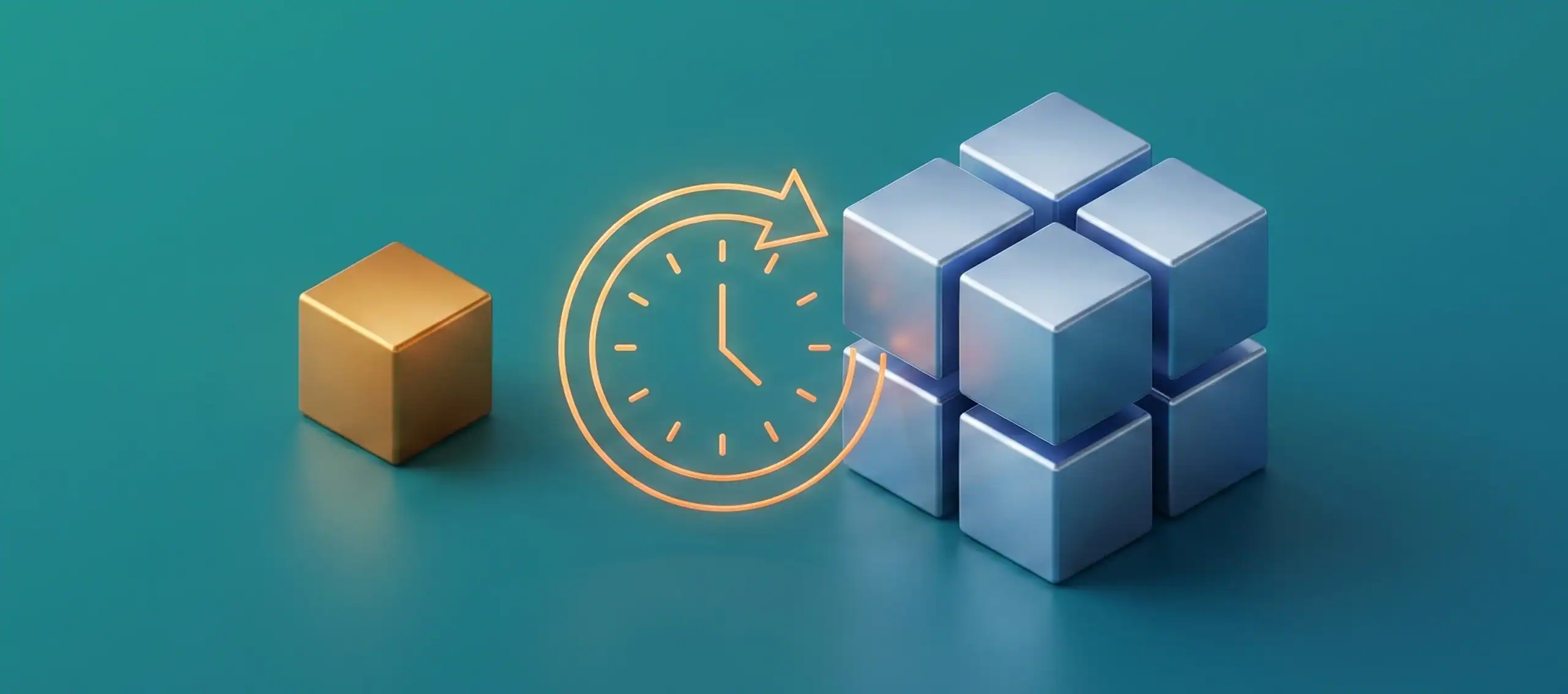 Minimalist 3D illustration of a single gold data block next to a full blue stack and a glowing clock icon, contrasting Granular Restore vs Full-Tenant Recovery.